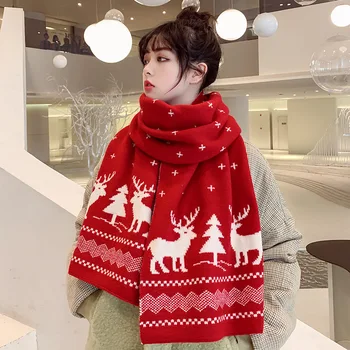 2022 Kalėdų Briedžių Megzti Vilnos Šalikas Moterų Žiemą Šilta Raudona Skara korėjos Mados Universalus Japonų Stiliaus Šalikas