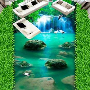 Custom 3D Freskos Žalia Žolė Ežero Krano Krioklys Grindų Lipdukas, Vonios kambarys, Koridorius Salė Dekoro Plytelės PVC lipnios Tapetai