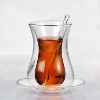 150ml dvigubo sienelėmis kavos akinius, dvigubos sienelės stiklas juodos arbatos puodelio rinkinys su lėkštė ir šaukštas