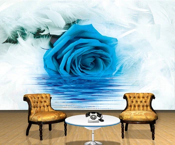Custom papel DE parede 3 d, mėlynas rožes ir plunksnų freskomis sėdint kambario miegamajame TV nustatymas sienų apmušalai atsparus vandeniui