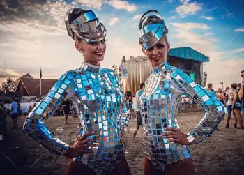 Veidrodis juostoje gogo kostiumai ateities technologijos sidabro kostiumu šokių kolektyvas ds dainininkas dj, naktinis klubas etapas rodo, drabužių bodysuit