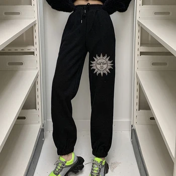 Korėjos Stiliaus Aukšto Liemens Kelnės Saulės Ir Mėnulio Spausdinti Harajuku Raišteliu Kelnės Rudens Mados Streetwear Juoda Moterų Sweatpants