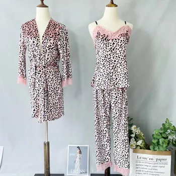 Rožinė Pižama Kostiumas Seksualus Leopard ilgomis Rankovėmis Veliūras 3PCS Miego Nustatyti, naktiniai drabužiai Nėrinių Namų Drabužių Intymus apatinis Trikotažas Atsitiktinis Sleepwear