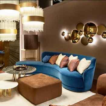 Nordic light luxury mėlynos spalvos audinio sofos, Biuro fojė priėmimo lenkta sofa Viešbutis grožio salonas sofa