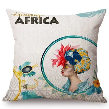 Akvarelė Afrikos Totem Gėlių Afrikos Moteris Mados Sofa-Dekoratyvinis Mesti Pagalvės užvalkalą Medvilnės Skalbiniai Aikštėje Pagalvėlė Padengti 45x45cm