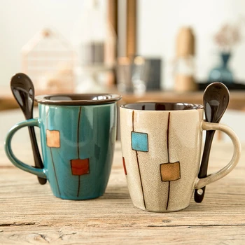 Kūrybos būgnas keramikinis puodelis su dangteliu, su šaukštu Pieno puodelis kavos puodelis namų Drinkware Keraminės Kavos Puodelis Pieno, Puodeliai Office arbatos puodelis