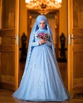 Spalvingas Kamuolys Suknelė Musulmonų Vestuvių Suknelės 2020 M. Aukštos Kaklo Tiulio ilgomis Rankovėmis Appliques Nuotakos vestuvių Suknelės Vestido De Novia