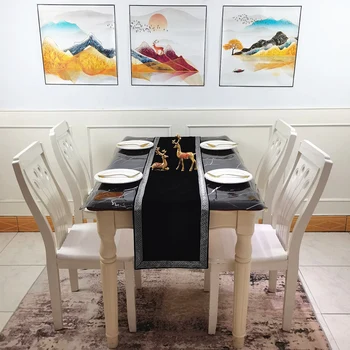 Aukštos kokybės Aksomo Siuvinėjimo Stalo Bėgikų Naujas Kinų Stiliaus Prabangūs Juodos spalvos Stačiakampio formos staltiesė Namų Valgomojo Arbatos staltiesės