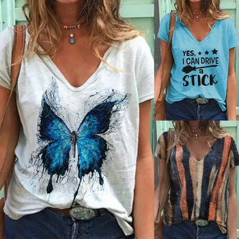 Gėlių Spausdinti Moterys T Atsitiktinis Marškinėliai trumpomis Rankovėmis Prarasti Plius Dydis Mados Viršūnes Gatvės Ponios V-Kaklo Summer Tee marškinėliai Viršuje 2021