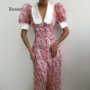 V-Kaklo Gėlių Spausdinti Suknelė Moterų Mados Sluoksniuotos Rankovėmis Mygtuką Ilga Suknelė Elegantiškas Retro Moterų Sexy Padalinta Paplūdimio Skraiste Vestido 2021
