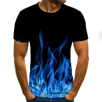 Vyriški Mėlyna Liepsna T-shirt 3D atspausdintas marškinėliai 3D spausdinti marškinėliai Juodos apvalios kaklo marškinėliai Vasaros orui marškinėliai topai XXS-6XL