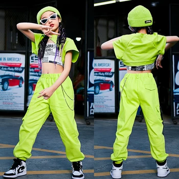 Nauja Džiazo Šokio Kostiumai Mergaitėms Žalia Apkarpyti Viršūnes Laisvas Kelnes Streetwear Šokių Hip-Hop Šokio Spektaklis Rave Drabužius DN12952