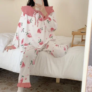 Braškių Kawaii Pižama Nustatyti Moterys Viena Breasted Marškinėliai + Kelnės Nustatyti Korėjos Minkštas Namų Kostiumas Medvilnės Namų Drabužių Mielas