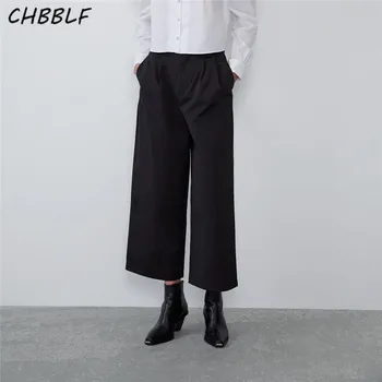CHBBLF moterų retro juoda plati koja kelnės kišenės moterų derliaus atsitiktinis kelnės pantalones NJN1457