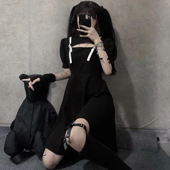 Vasaros Japonijos Slim Juoda Suknelė Saldus Laidotuvių Sluoksniuotos Rankovėmis Susiuvimo Odos Diržas Juosmens Hugging Suknelė gothic lolita dress
