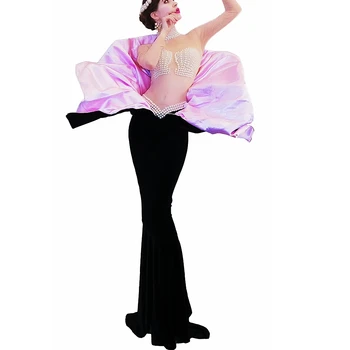 Nuogas Perlai Sexy Black Swan Aksomo Ilga Suknelė Moterims Prom Šokių Drabužių Etape Dainininkas Kostiumų Mados Šou Modelis Nešioja