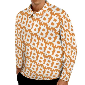 Bitcoin Logotipu Polo Marškinėliai Vyrams Cryptocurrency Spausdinti Atsitiktinis Marškinėliai Kasdien Y2K Pasukite Žemyn Apykaklės ilgomis Rankovėmis Dizaino Negabaritinių Marškinėliai