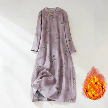 2022 kinijos vilnos pamušalu cheongsam suknelė tradicinių gėlių spausdinti medvilnės, lino suknelė qipao vintage suknelę, retro, liaudies šokių qipao