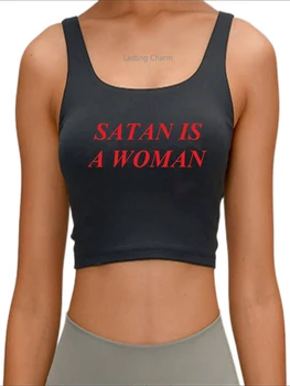 Šėtonas Yra Moteris, Letter Spausdinimo Pasėlių Viršuje Moterų slim fit sportinė viršų