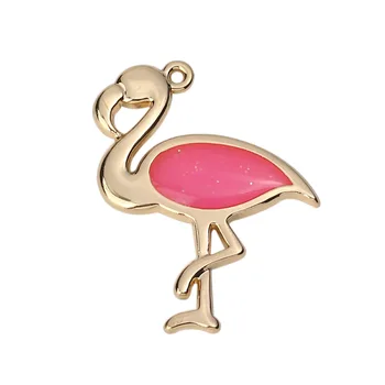 DoreenBeads Cinko Lydinio Pagrindu Pakabukai Flamingo Aukso Geltonos Spalvinga Imitacija, Perlų Emalio Blizgučiai 34mm(1 3/8