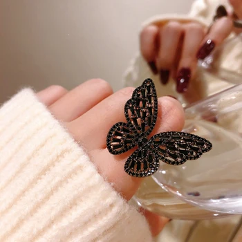 Paslaptingas Sexy Black Crystal Butterfly Žiedai korėjos bižuterijos Šalies Gothic Girl Perdėti Reikmenys Moteris 2022