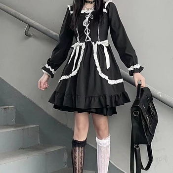 Japonijos Goth Harajuku Lolita Dark Vintage Suknelė Aikštėje Nėrinių Apykaklę Sweety Raukiniai Tvarstis Lankas Visą Rankovės Hepburn Juodos Suknelės