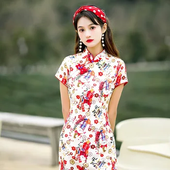 2021 Vasaros Spausdinti Kinų Tradiciją naujieji Metai Raudona Cheongsam Moterų Retro Cheongsam Vėjo Atkurti Patobulinta Versija Mini Suknelė