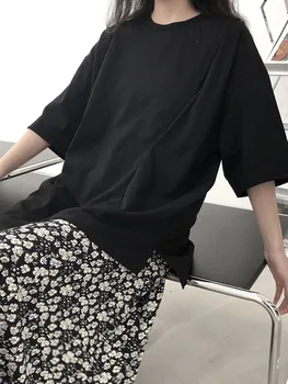 Ponios Trumpas Rankovės Vasarą nauju Moterų Asimetrinis Dizainas Mados Atsitiktinis Palaidų Didelių gabaritų trumpomis Rankovėmis T-Shirt