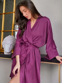 Tulin Mados vientisos Spalvos Sleepwear Rūbeliai Moterų Pižama Ilgai Loungewear Vidurio Blauzdos Chalatai Moterims, Pajama Satino Nightgowns
