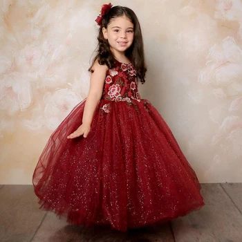 Žavingas Bordo Nėrinių 2020 Gėlių Mergaičių Suknelės Spageti Kamuolys Suknelė Maža Mergaitė, Pigūs Bendrystės Inscenizacija Sijonas