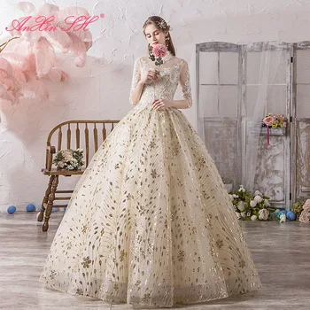 AnXin SH princesė aukso gėlių nėrinių vestuvių suknelė vintage aukšto kaklo duobute kristalų pusė rankovės nuotaka kamuolys suknelė vestuvių suknelė