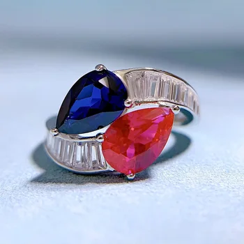 18K Auksu 925 Sterlingas Sidabro 6*9 MM Lab Safyras Ruby yra didelių Anglies, Deimantų Akmuo Fine Jewelry Derliaus Moterų Žiedas