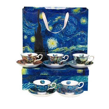 Van Gogh dizainas, mažmeninės prekybos fine bone china 5 puodeliai ir 5 lėkštutes su dovanų dėžutė & keraminės kavos puodelio rinkiniai & arbatos puodelio porceliano rinkiniai