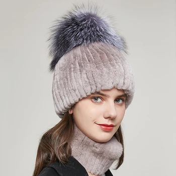 Rex triušio kailio kepurę moterims žiemos triušio kailio, trikotažo ir sidabrinės lapės kailio kamuolys ausų apsaugos šalto kepuraitė kepurės