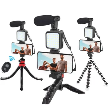 Studija Mikrofonas Telefono Kamera Vlog Vaizdo Įrašymo Kondensatoriaus Mikrofonas su Trikoju LED Šviesos Stalo Stovi