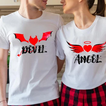 Angelas ir Demonas Spausdinti Marškinėliai, Atitikimo Pora T Medvilnės Marškinėliai trumpomis Rankovėmis Moterims, Vyrams, T Marškiniai Draugų Draugių