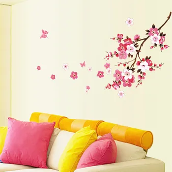 3D Rožinis Medis Sienų Lipdukai Kambarys Persikų Žiedų, Gėlių Drugelis 