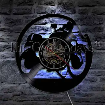 Lenktynininkas Motociklą Siluetas Sienos Lempos Vinilo Įrašas Sieninis Laikrodis Su LED Apšvietimu Sienos Žiūrėti Motociklo Rider Dovana