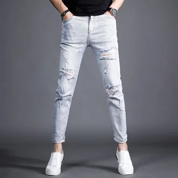 Ripped Jeans Vasaros Vyrų Šviesiai Mėlyna Kulkšnies Ilgio Kelnės Streetwear Mados Lengvas Slim Fit Denim Kelnės