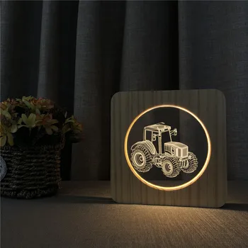 Traktoriaus Automobilių 3D LED Arylic Mediniai Naktį Lempos Lentelė Šviesos Jungiklis Kontrolės Drožyba Lempos Vaikų Kambario Papuošti
