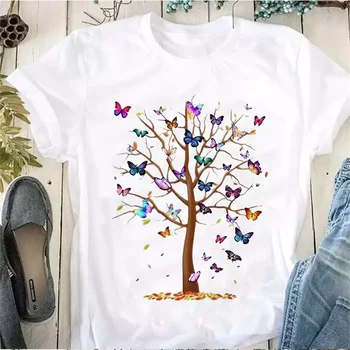 Moteris Drugelis Medžio Atspausdintas T-shirt Moterų Mados Atsitiktinis O-kaklo Drugelio Harajuku moteriški marškinėliai Vasaros Trumpas Rankovėmis Tee Viršų