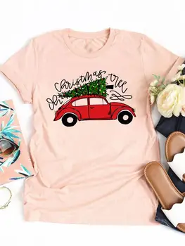 Automobilių Medžio Meilės Mielas Linksmų Kalėdų Spausdinti Marškinėliai Drabužių Mados Drabužių Laimingų Naujųjų Metų Moteris Grafinis T-shirt Viršuje Basic Tee