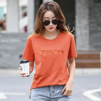 Laiškas Siuvinėjimas, Marškinėliai Moterims Medvilnės Trumpomis Rankovėmis Summer Tee Marškinėliai Femme Atsitiktinis Marškinėliai Korėjos Stiliaus Drabužius Camisetas Mujer