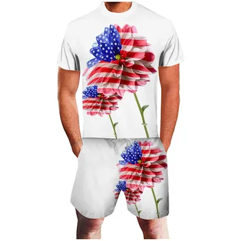 64# Atsitiktinis Vyrų Rinkiniai Vasaros Amerikos Vėliava Gėlių Spausdinti Trumpas Rankovės marškinėliai Šortai Vyrų Rinkiniai Nepriklausomybės Diena Kostiumą Drabužių