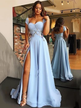 Elegantiškas Šviesiai Mėlyna Prom Dresses 2022 Seksualus Pusės Split Appliques Vakare Chalatai Bžūp Rankovėmis Brangioji Užsakymą Pigiai