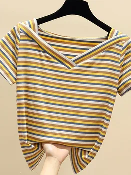 2022 V-kaklo, Trumpas Trumpas rankovėmis marškinėliai Moterims Vasaros Naujas Dryžuotas Tees Slim Top F014 Moteris Tshirts