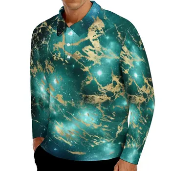Juodas Žalias žvaigždėtu dangumi Atsitiktinis Marškinėliai Erdvėje Marmuro Spausdinti Polo Marškinėliai Estetinės Marškinėliai Rudenį ilgomis Rankovėmis Užsakymą Drabužių 5XL 6XL