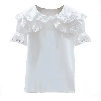 2020 m. mergytę Mados Drabužių Medvilnės sluoksniuotos rankovėmis nėrinių white T-shirt Drabužiai Vaikams Partijos Gimtadienio Dėvėti