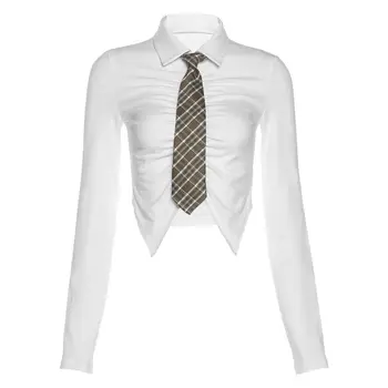 Moterų Rudenį Marškiniai Balta Palaidinė ilgomis Rankovėmis Ruched Marškinėliai Apkarpyti Viršūnes su Necktie 2022 Mados Seksualus korėjos Palaidinė Streetwear