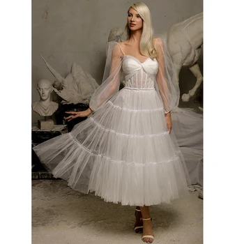 Trumpa Vestuvinė Suknelė Moterims 2022 Nuotaka Iliuzija Ilgio Sluoksniuotos Rankovėmis Linijos Vestuvių Suknelė Midi Brangioji Princesė Vestuvių Suknelės